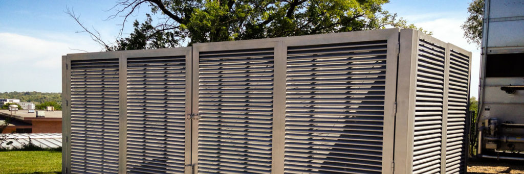 Amerifence Corporation of Kansas City commercial fence contractors Missouri architectural mechanical screening screen louvered semi private private solid staggered board on board shadow box alternatinglouvers rooftop louvers chillers generators truck wells outside storage condensors rooftop equipment patios trash dumpsters transformers HVAC courtyards pool equipment fence aluminum galvanized steel degree of openness direct visibility standalone wall louvers